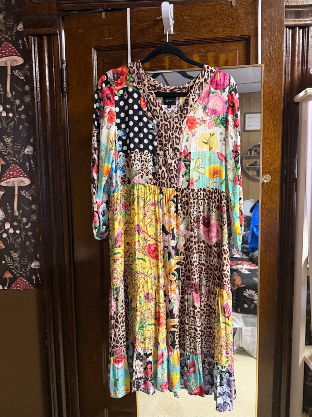 SHAN Brown Leopard & Floral V-Neck Boho Dress